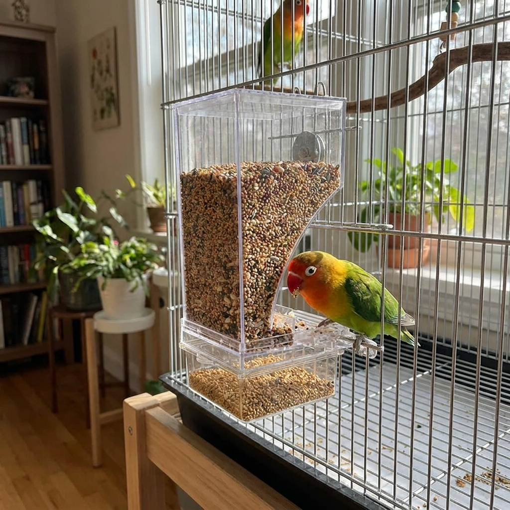 1PC Parrot Feeder Anti-Spill Transparent Bird Food Box Clear Feeding Device for Parrots Durable Bird Feeding Box in use