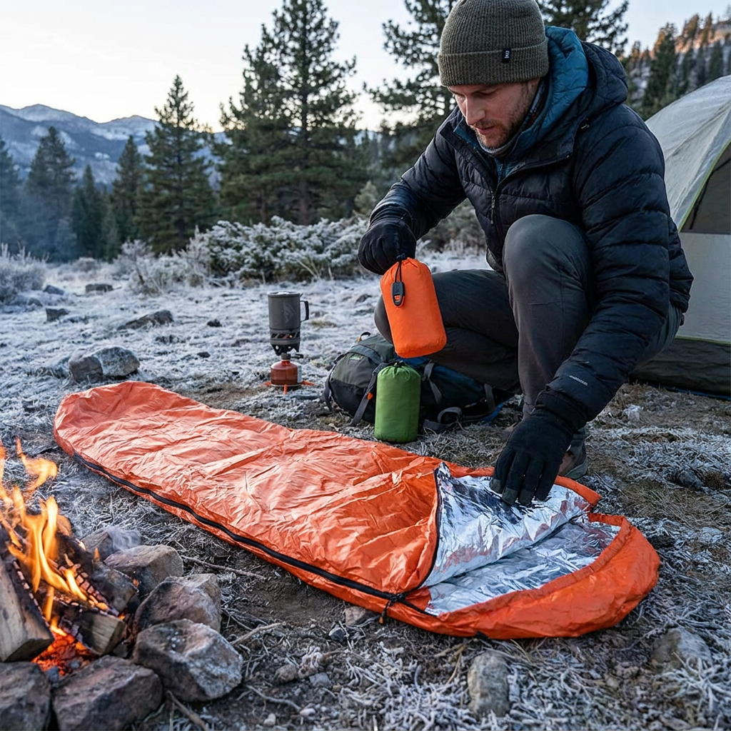 Portable Waterproof Emergency Survival Sleeping Bag Outdoor Edc Camping Gear Thermal Sack First Aid Rescue Kit Mylar Blanket in use