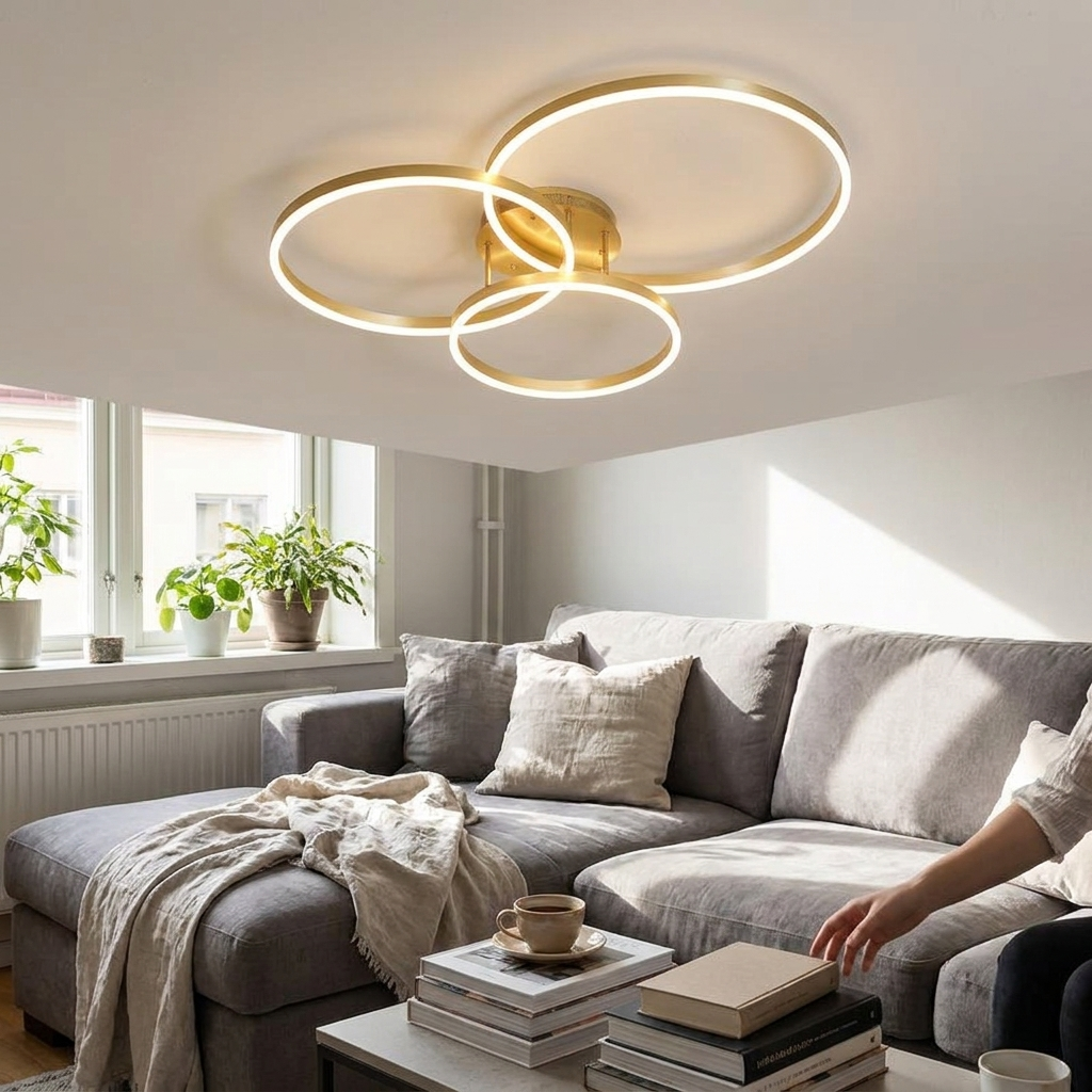 Household Gold Led Chandeliers 3 Circle Bedroom Metal Living Dining Room Lighting Chandelier Brown Glossy Lamp Home Indoor Lamps in use
