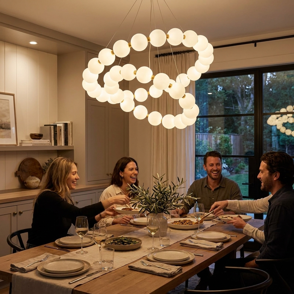 Nordic Modern Minimalist Luxury LED Chandelier Cream Pearl Circle Pendant Light Home Room Decoration for Living Dinning Bar Lamp in use