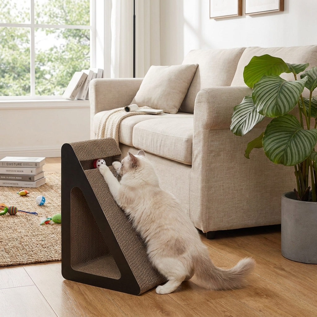 2 In 1 Cat Scratcher Cardboard Triangles Shaped With Spinnings Balls Sturdy Anti-Scratch Relieves Cat Stress Toy For Pet Use in use
