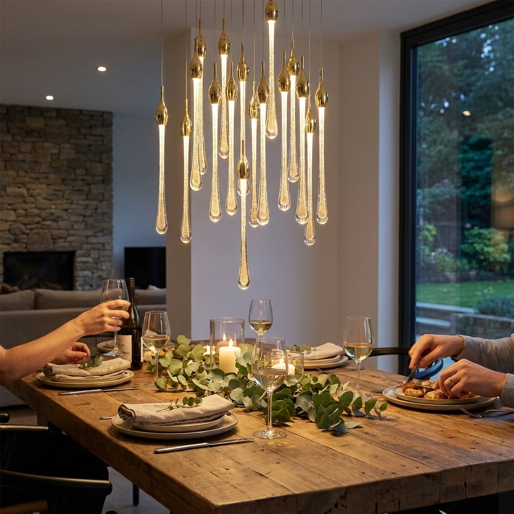 Nordic LED Luxury Crystal Chandeliers Water Drop Lamps Bedroom Bedside Modern Simple Bar Decorative Chandelier Lighting in use