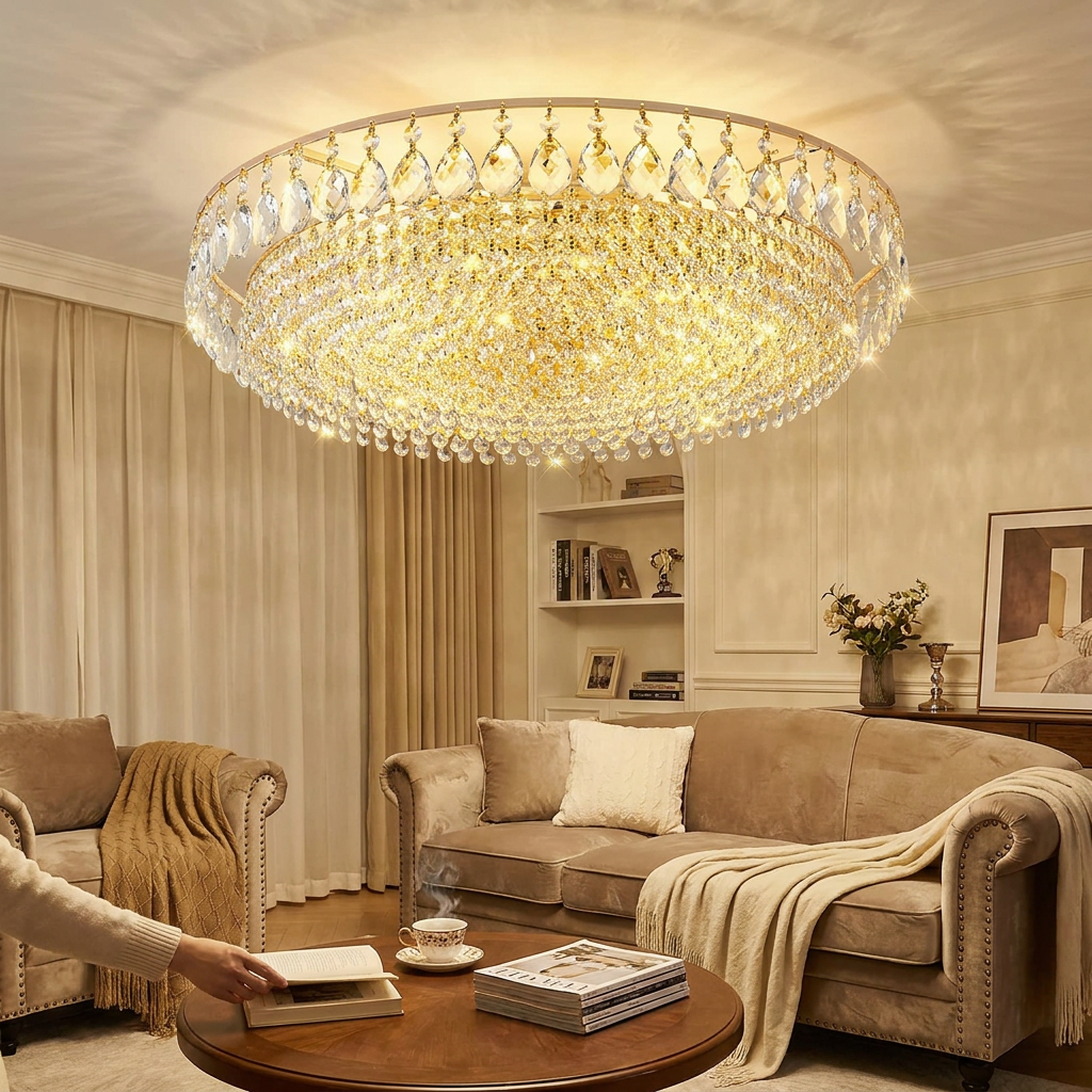 Big Luxury Crystal LED Ceiling Chandeliers for Living Room New Gold Hanging Lamps for Ceiling Modern Home Decor Lustre Lighting in use