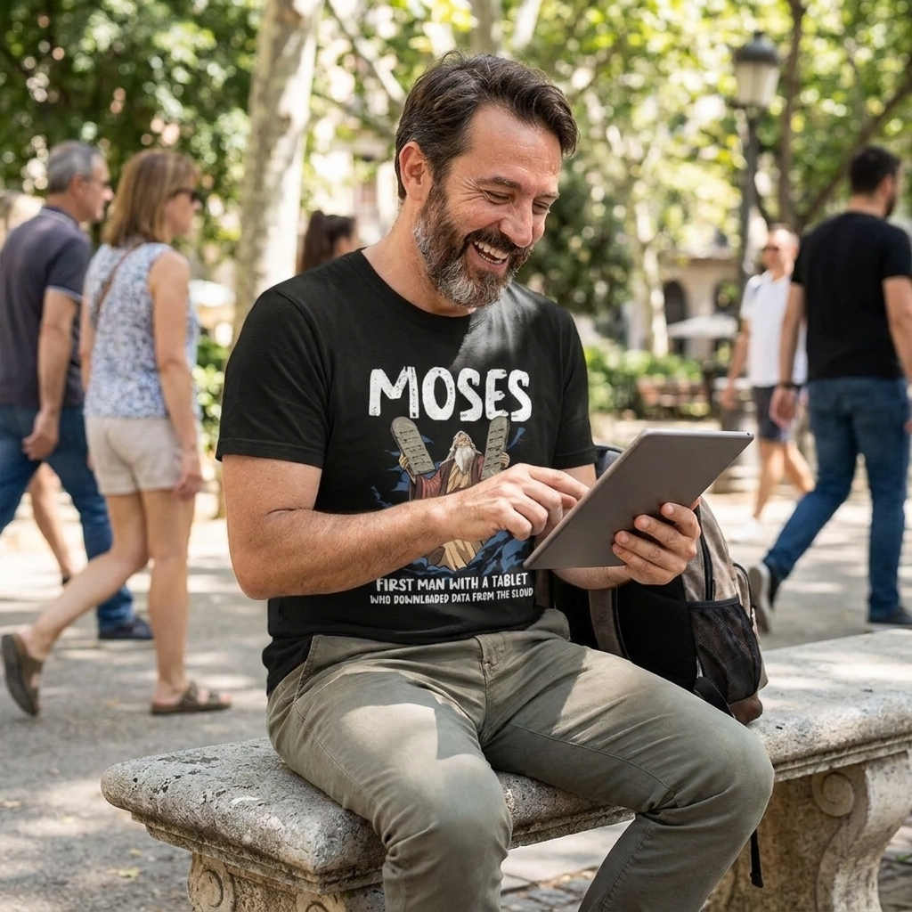 Funny Moses Shirt Christian Humor Bible Gospel Data Cloud T-Shirt in use