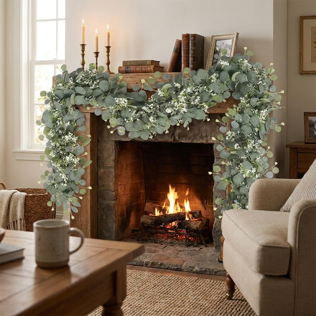 Artificial Eucalyptus Leaves Greenery Garland Faux Plant Spring Vines with White Flowers Berries for Wedding Home Party Deco in use
