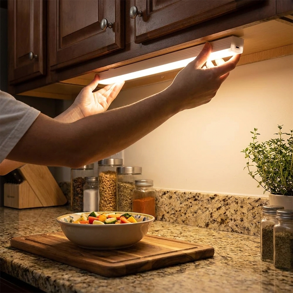 LED Motion Sensor Light Wireless LED Night Light Type C Rechargeable Light Cabinet Wardrobe Lamp Staircase Backlight For Kitchen in use