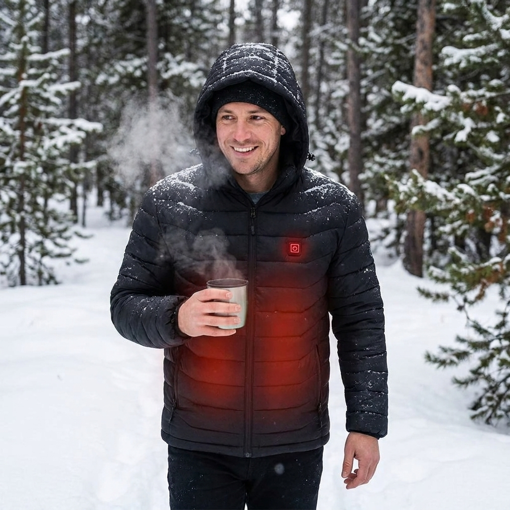 28 Areas Men Women's Heating Jacket Winter USB Heated Jackets Smart Heated Clothing Ski Camping Waterproof Warm Self Heating in use