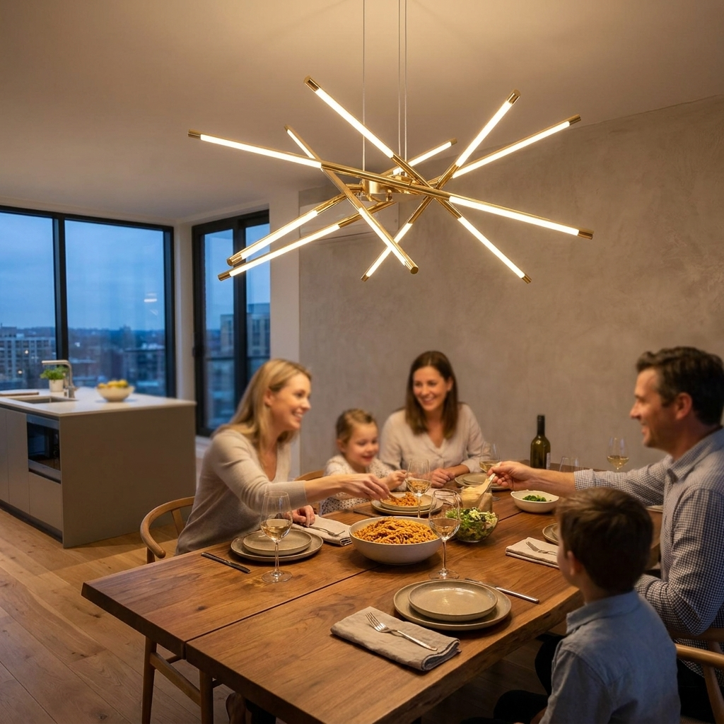 Nordic Geometry Restaurant Pendant Light Living Room Bedroom Dining Table Led Chandelier Indoor Remote Control Line Chandelier in use