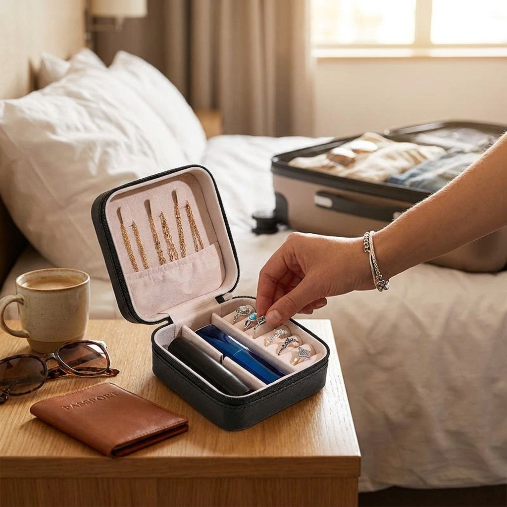 Simple And Portable Palm Jewelry Box, Ring And Earring Storage Box, Zipper Flip Cover, Travel Accessory Box, Pearl Box in use