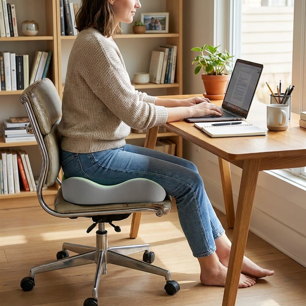 Ergonomic Office Seat Cushion 3-Zone Memory Foam Lumbar Support Pillow Breathable Posture Corrector for Car Office Wheelchair in use