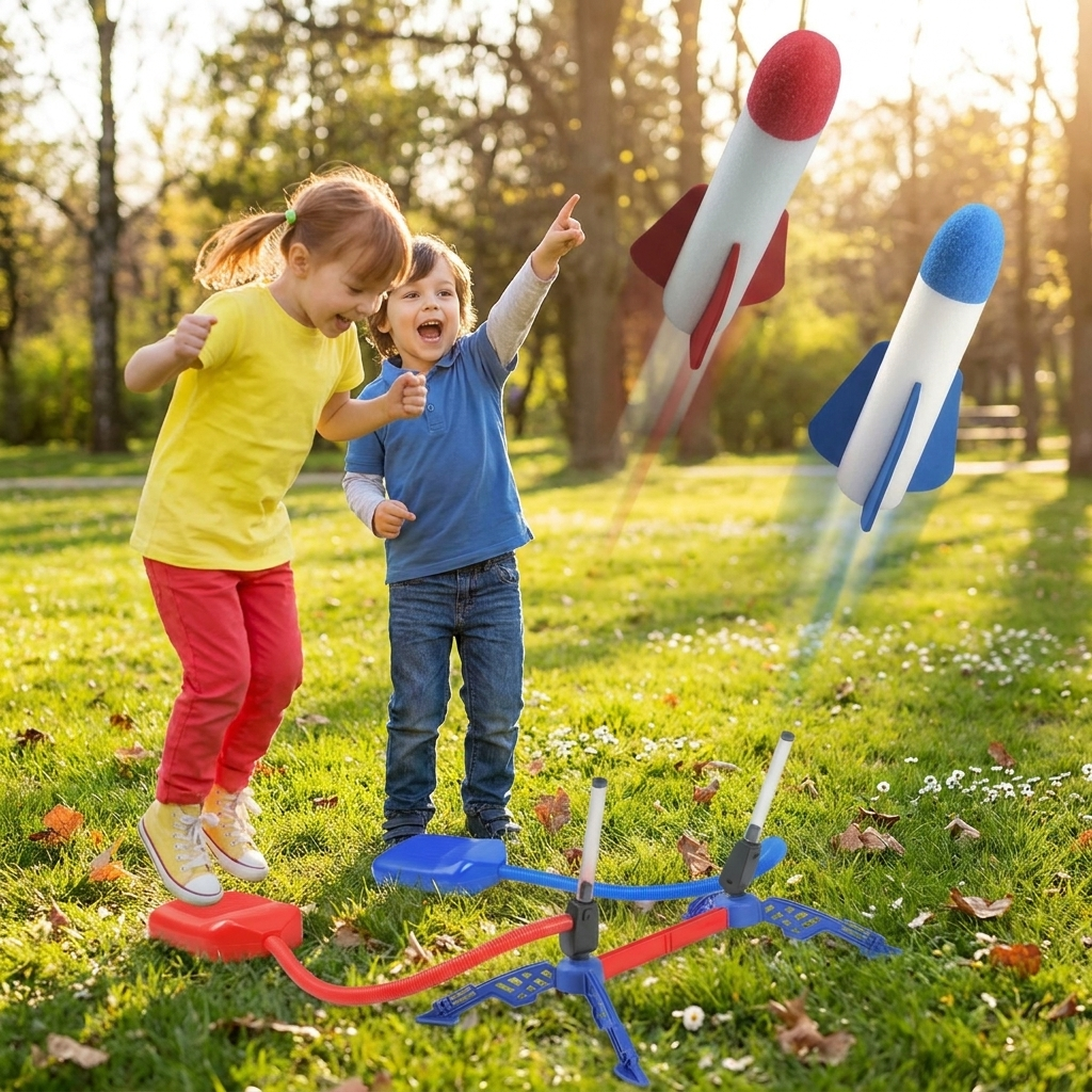 Kids Outdoor Rocket Foot Pump Outdoor Air Pressing Soaring Rocket Suit Jumps Air Powered Rocket Launcher Game Children Toy Gifts in use