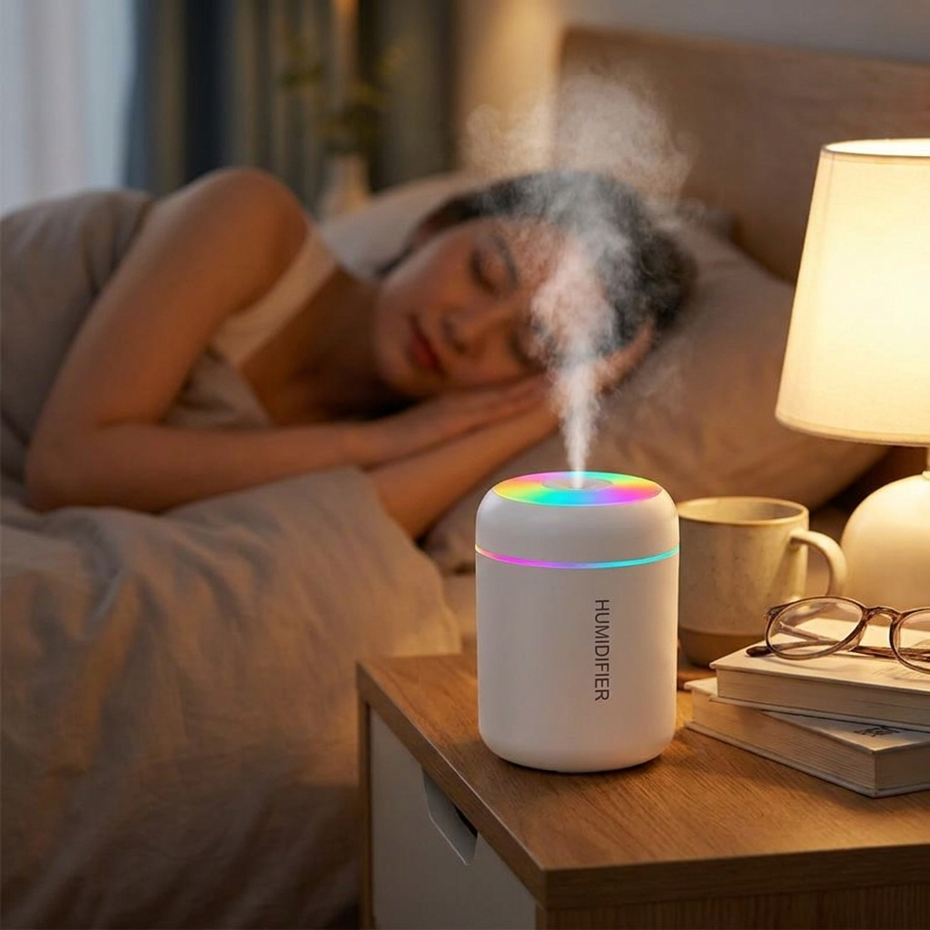 180ML Mini Air Humidifier USB Electric Aroma Diffuser Essential Oil Purifier Aromatherapy Mist Maker Lights For Car Home Bedroom in use