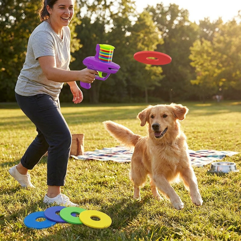 Funny Cat Toys Creative Turnip Gun with 15pcs Reusable Foam Frisbee Pet Hunting Interactive Toy Dog Cat Pet Supplies in use