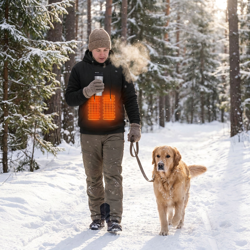Mens USB Heated Jacket Winter Electric Heating Sweatshirt with Hood Warm Rechargeable Thermal Clothing for Outdoor Sports Skiing in use