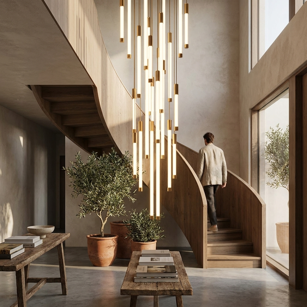 Modern Staircase LED Chandeliers Luxury Living Room Lighting Duplex Attic Home Decoration Restaurant Bright Ceiling Chandeliers in use