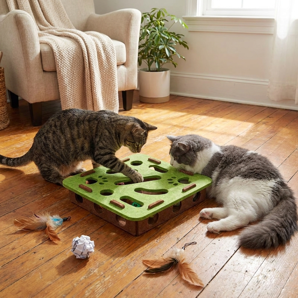 Cat Puzzle Toy Felt Puzzle Box Cat Exercise Toy With Ball Indoor Sports Entertainment Hunting Cat Toys For Indoor Cats in use