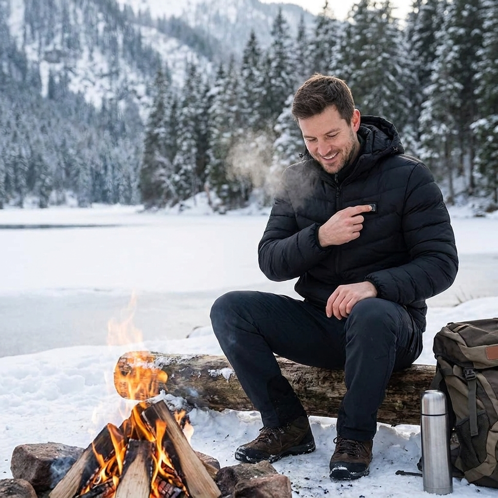 Men Heated Jacket USB Winter Outdoor Electric Heating male bobojaco Warm Sprots Thermal Coat Clothing Heatable men's parka in use