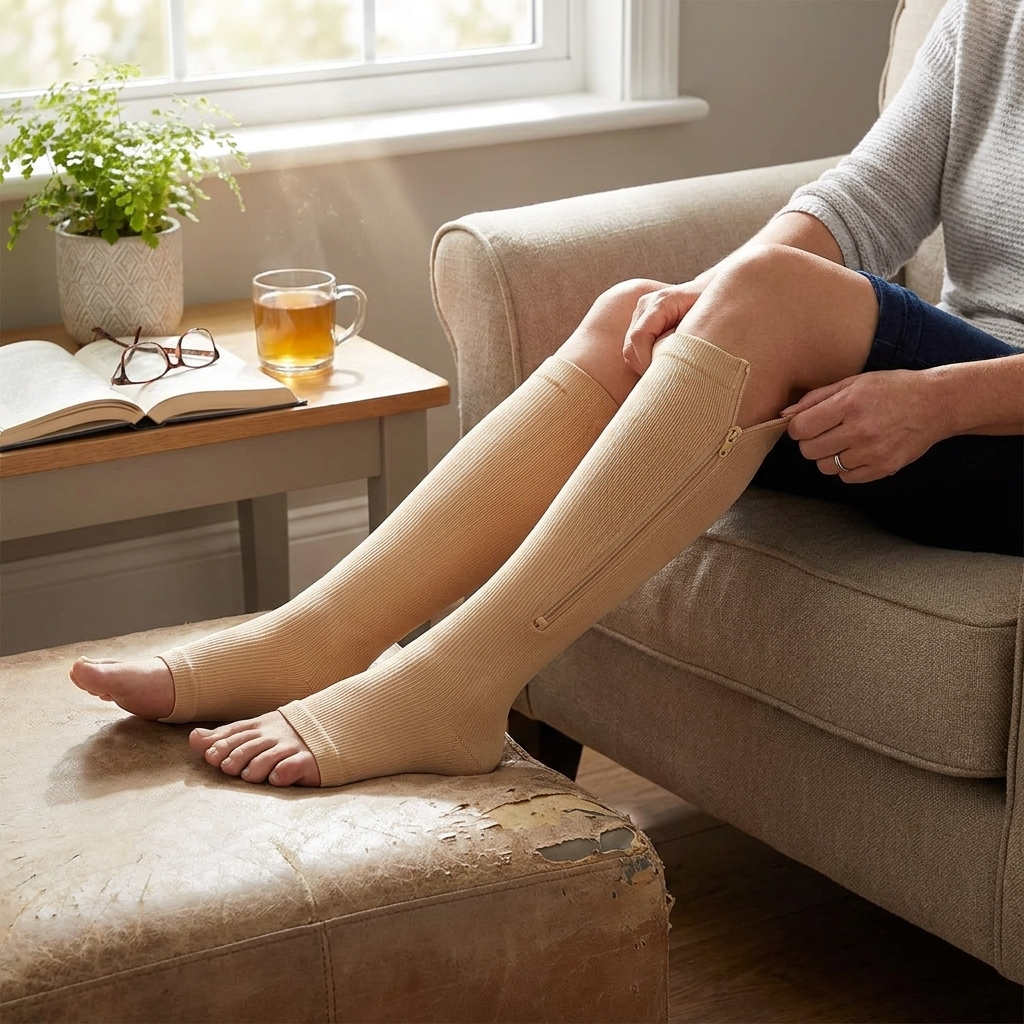 Zipper Compression Socks Women & Men - 1Pair Calf Knee High 15-20mmHg Open Toe Compression Stocking suit for Walking in use