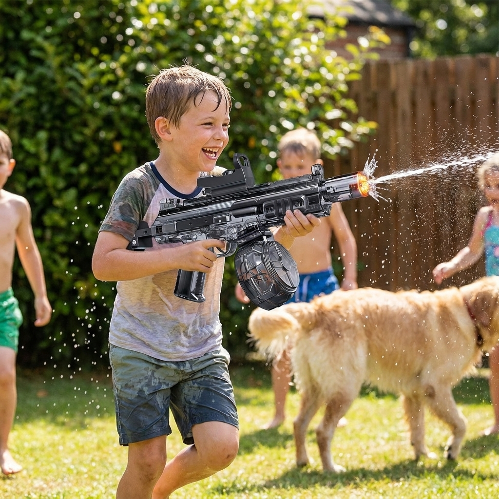 Simulated Firing and Recoil Electric Water Gun Toys Children Automatic Sensor Lights Water Pistol Summer Outdoor Beach Kids Toy in use