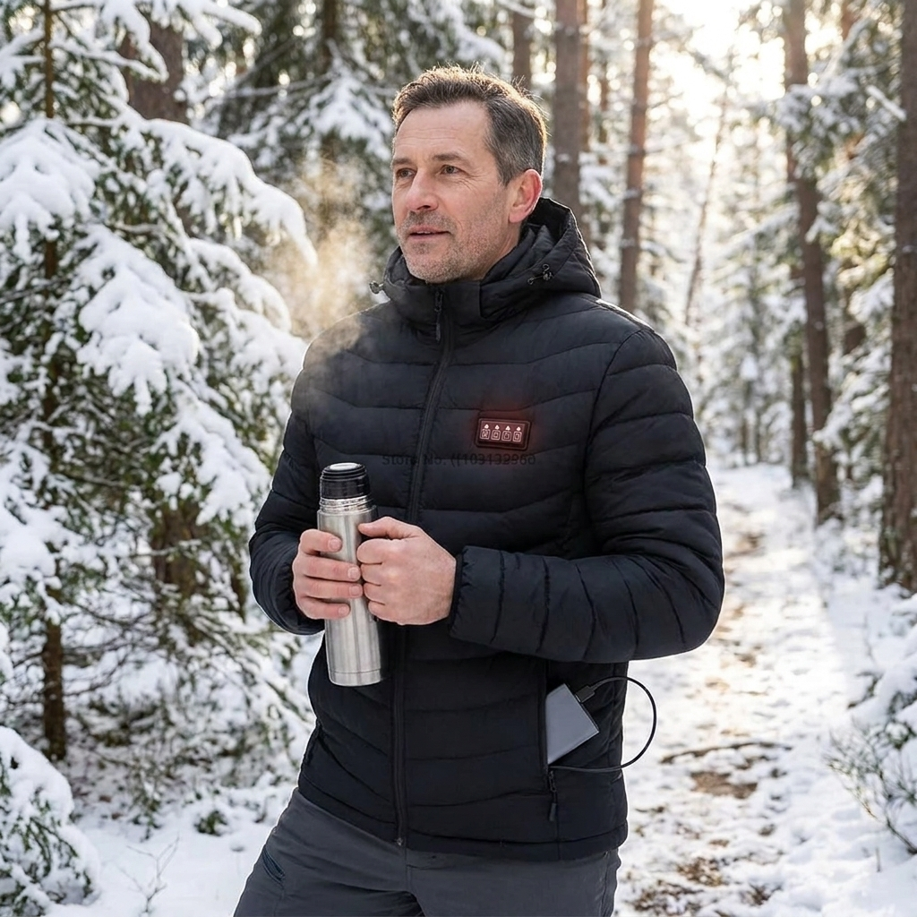 Men's Heating Jacket 21Area Four Switch Control,USB Electric Heated Coat,Self Heating Vest,Thermal Jacket Warm Winter Coat in use