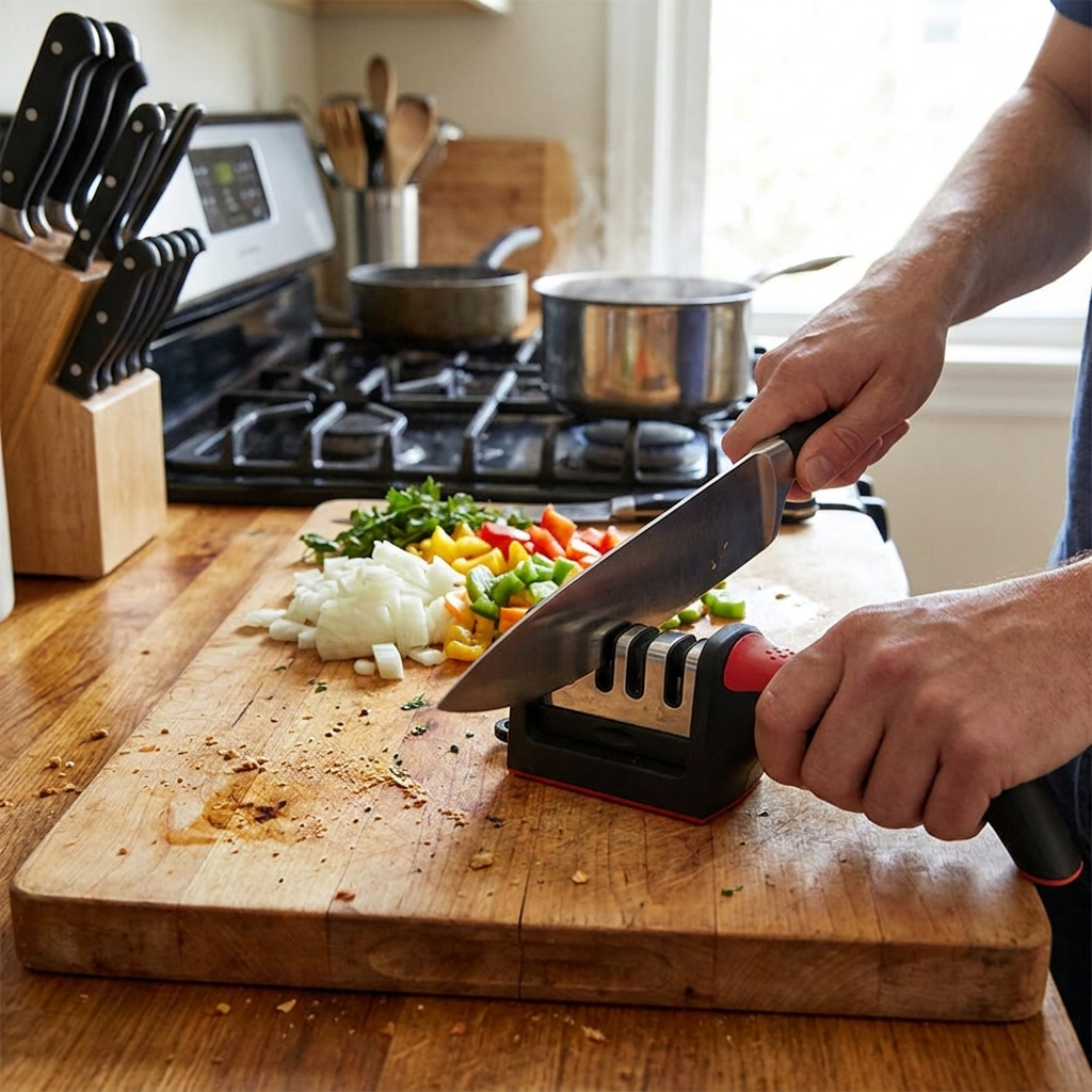 Kitchen 4Segment Knife Sharpener Household Multi-Functional Hand-Held Three-Purpose Black Sharpening Stone in use