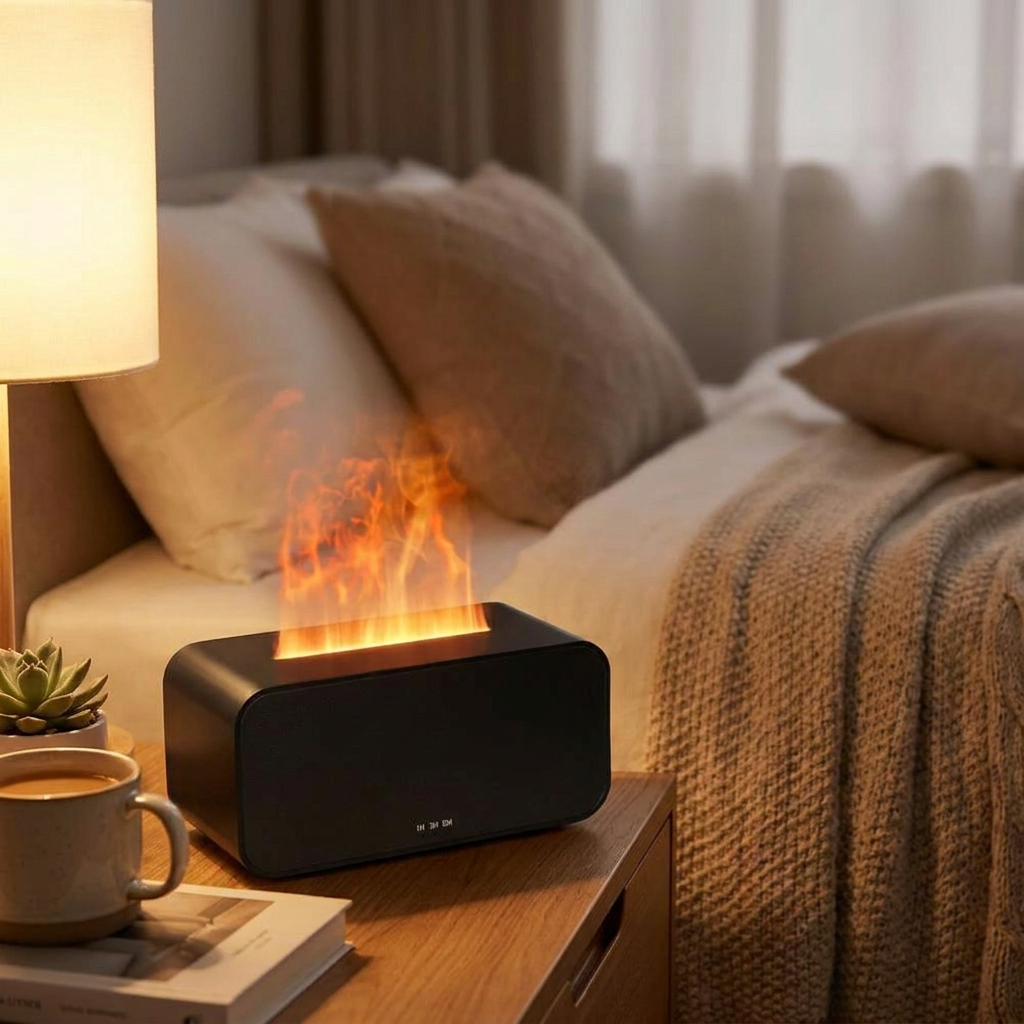 Air Aroma Humidifier Diffuser Essential Oils Humidifiers Mini Flame Automatic Fragrance Diffuser Home Humidifier With LED Light in use