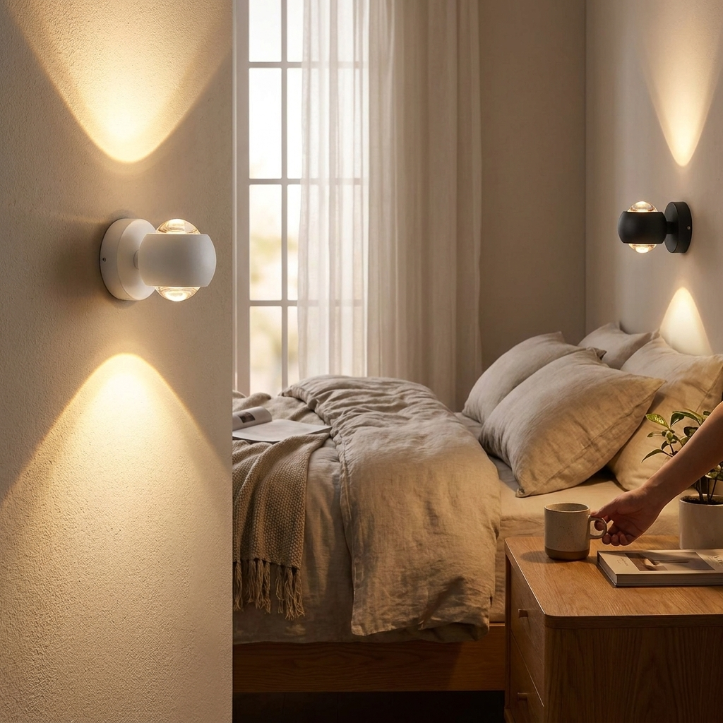 Modern Luxury Bedroom Wall Lamp Frosted Metal Body Acrylic Lens Lampshade Spot Sconce Light LED Up Down Rotatable Nordic Lustres in use