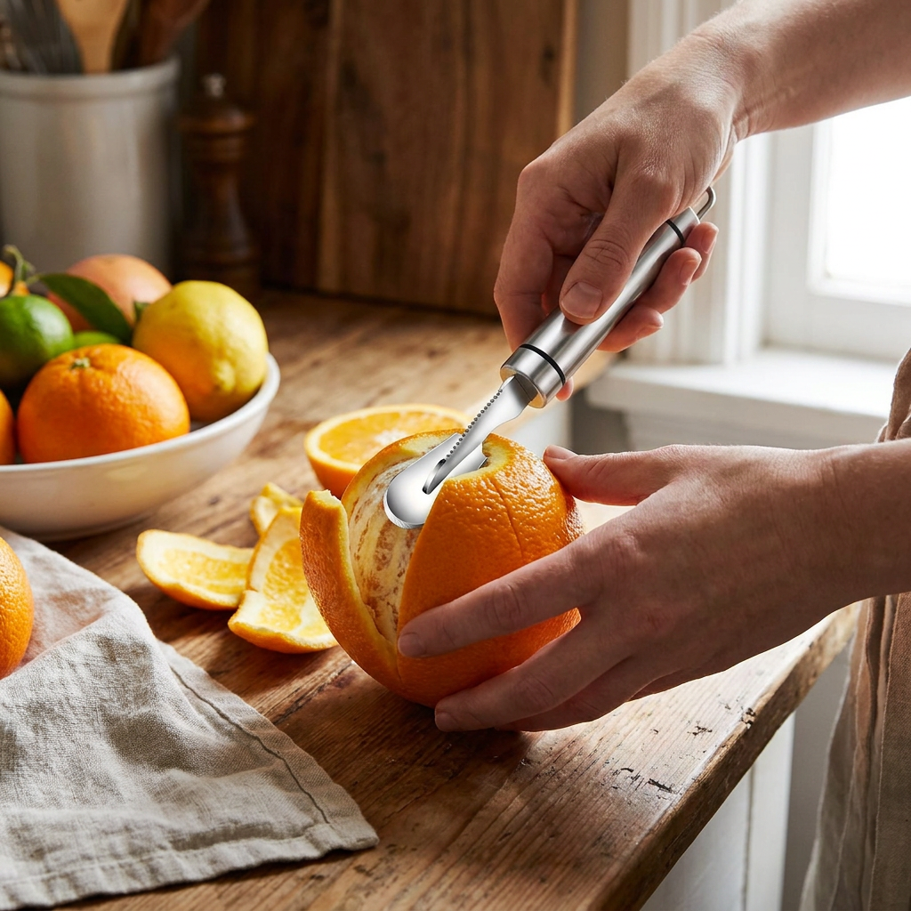 Stainless Steel Orange Citrus Peeler in use